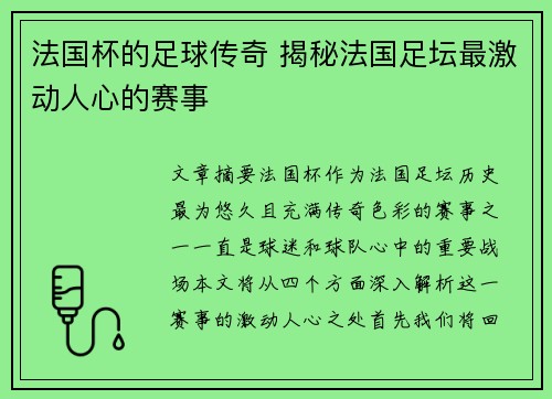 法国杯的足球传奇 揭秘法国足坛最激动人心的赛事 法国杯的足球传奇 揭秘法国足坛最激动人心的赛事